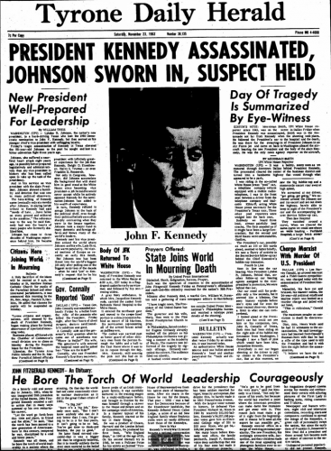 En artikel i tidningen Tyrone Daily Herald den 23 november 1963 (bildkälla: SuperSearch www.myheritage.com/research En artikel i tidningen Tyrone Daily Herald den 23 november 1963 (bildkälla: SuperSearch www.myheritage.com/research