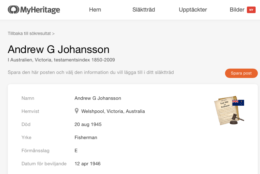 Hos MyHeritage kan man hitta uppgifter om svenskar som avlidit i andra länder. Här en notis från register över testamenten som upprättats i Australien.
