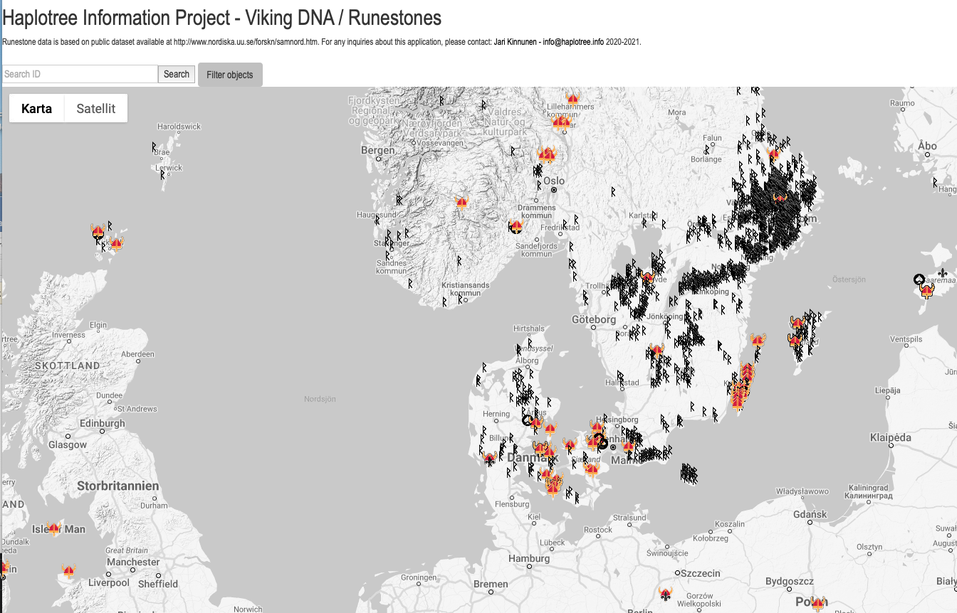 På den här kartan kan du se om ditt Y-DNA eller mtDNA matchar med någon viking från utgrävningarna. haplotree.info/maps/viking_dna, skriv in din haplogrupp i rutan och tryck på ”search”.
