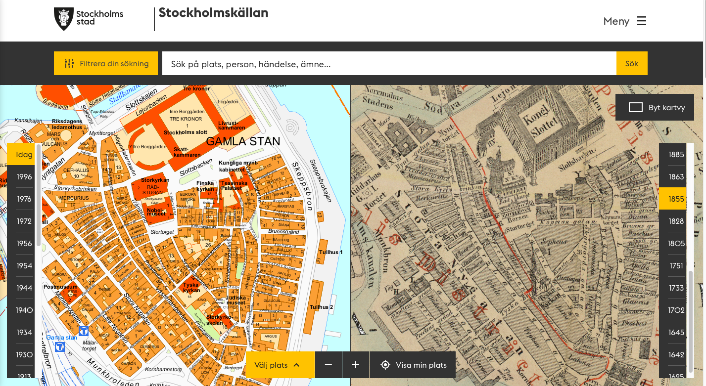 Hos Stockolmskällan finns kartor från tidigt 1600-tal. Och med tjänsten ”Jämför kartor” kan man se var de gamla kvarteren fanns.
