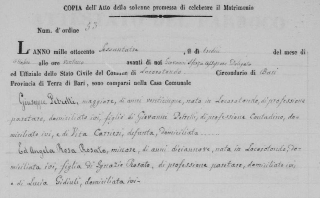Dokument som visar äktenskapet mellan Angelos farfars farfar Giuseppe Petrelli, kvalificerad som paretaro och dotter till Ignazio Rosé, paretaro, 1863.