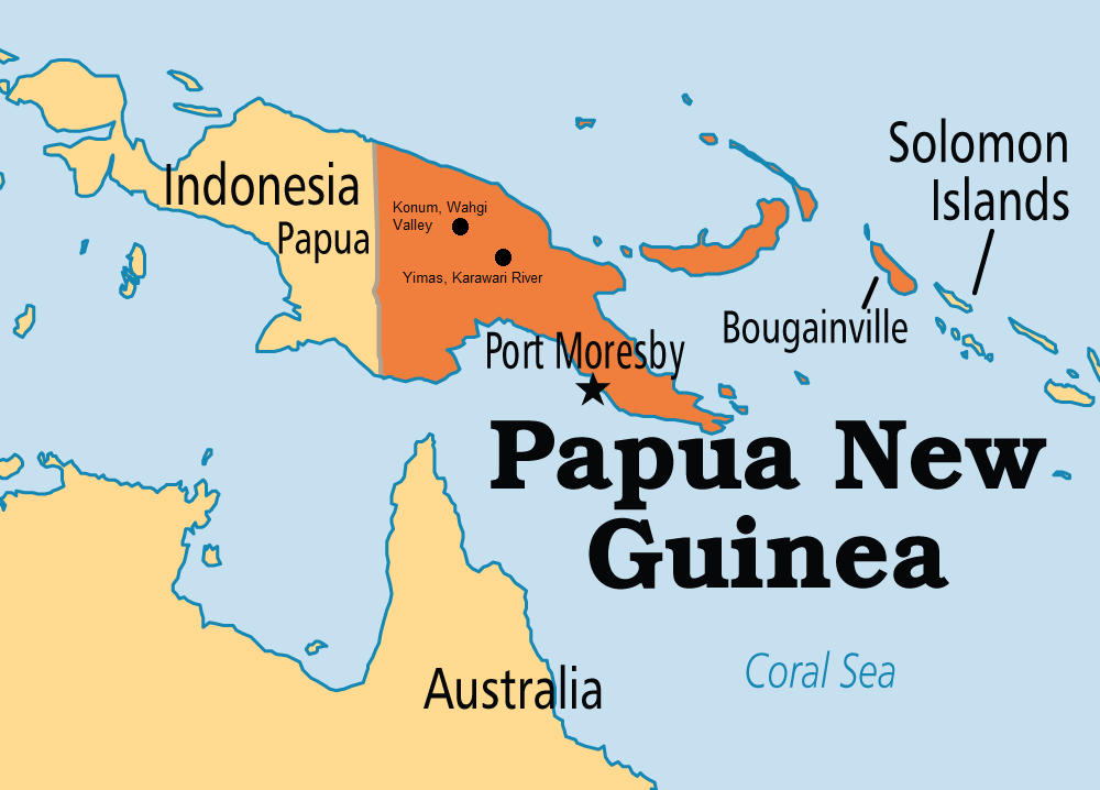 Karta av Papua Nya Guinea som betonar de byar vi besökte (Klicka för att förstora).